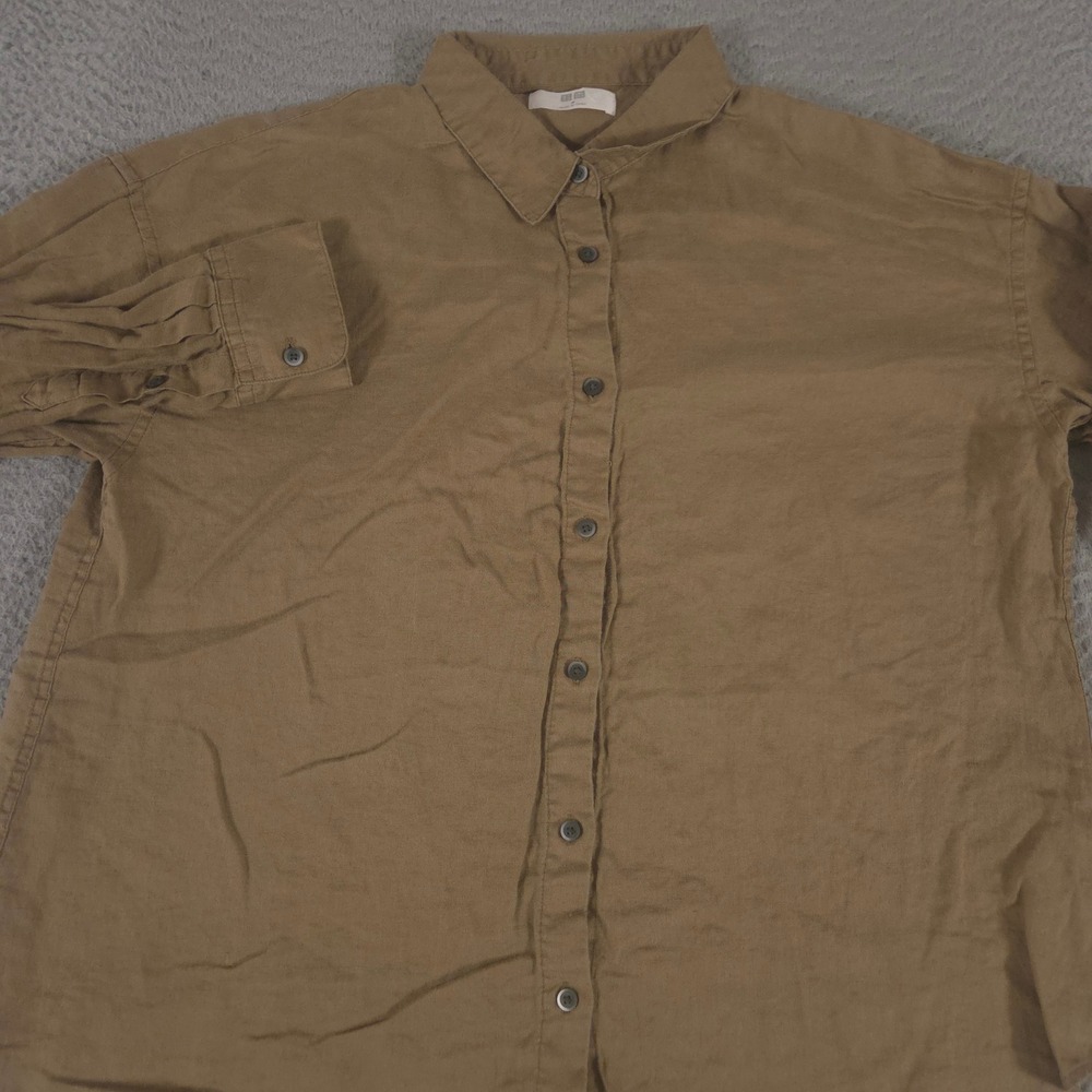 Uniqlo Top Womens Medium Brown Premium Linen Long Sleeve Button Up Shirt Career